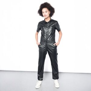 RARE! Wildfang - Essential Vegan Leather Short Sleeve Coveralls - Black